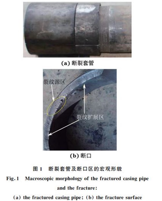 圖１ 斷裂套管及斷口區的宏觀形貌