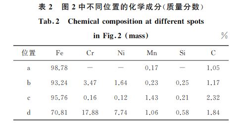 表２ 圖２中不同位置的化學(xué)成分(質(zhì)量分數(shù))